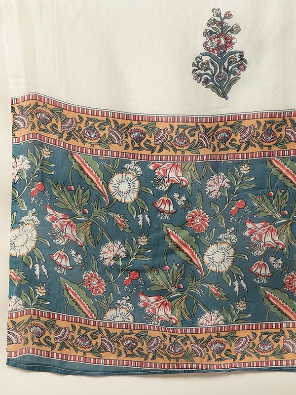 Women Blue & White Printed Pure Cotton Ethnic Kurta With Matching Dupatta Set (W1163)