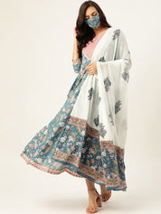 Women Blue & White Printed Pure Cotton Ethnic Kurta With Matching Dupatta Set (W1163)