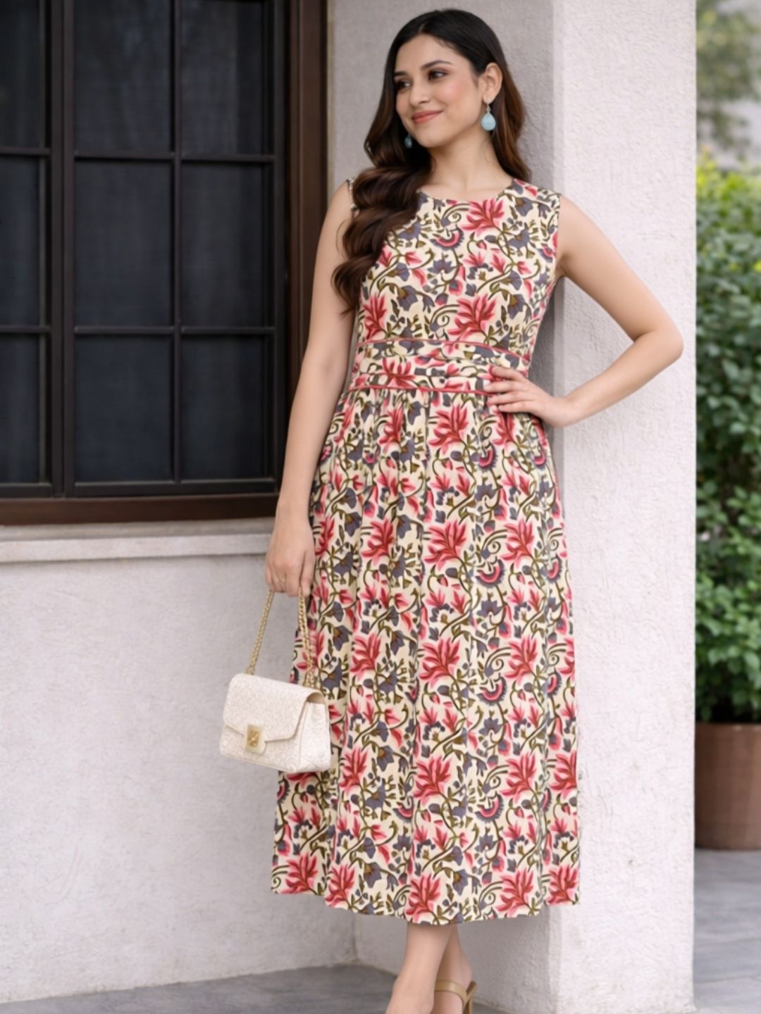 Pure Cotton Floral Printed Beige A-line Midi Dress (W1226)