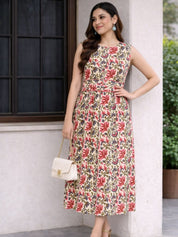 Pure Cotton Floral Printed Beige A-line Midi Dress (W1226)