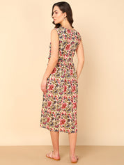 Pure Cotton Floral Printed Beige A-line Midi Dress (W1226)