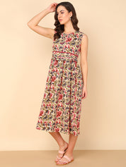 Pure Cotton Floral Printed Beige A-line Midi Dress (W1226)