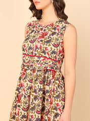Pure Cotton Floral Printed Beige A-line Midi Dress (W1226)