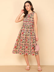 Pure Cotton Floral Printed Beige A-line Midi Dress (W1226)