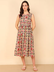 Pure Cotton Floral Printed Beige A-line Midi Dress (W1226)