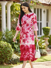 Rayon Tie dye Rose Pink Fit & Flare Belted Dress (W1268)