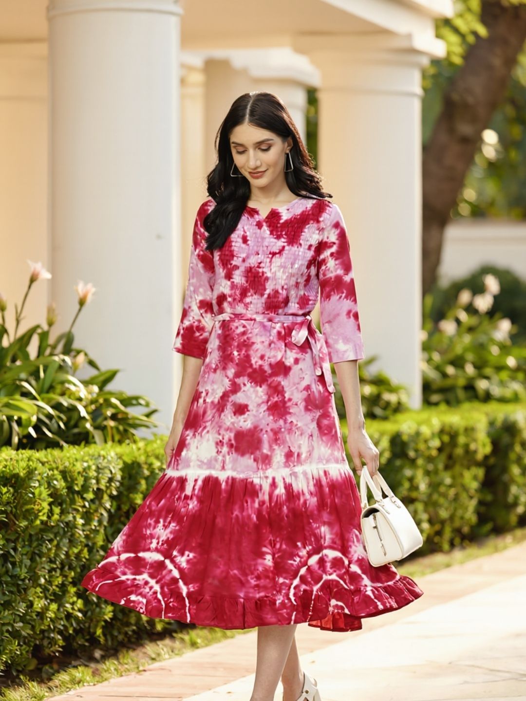 Rayon Tie dye Rose Pink Fit & Flare Belted Dress (W1268)