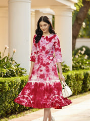 Rayon Tie dye Rose Pink Fit & Flare Belted Dress (W1268)