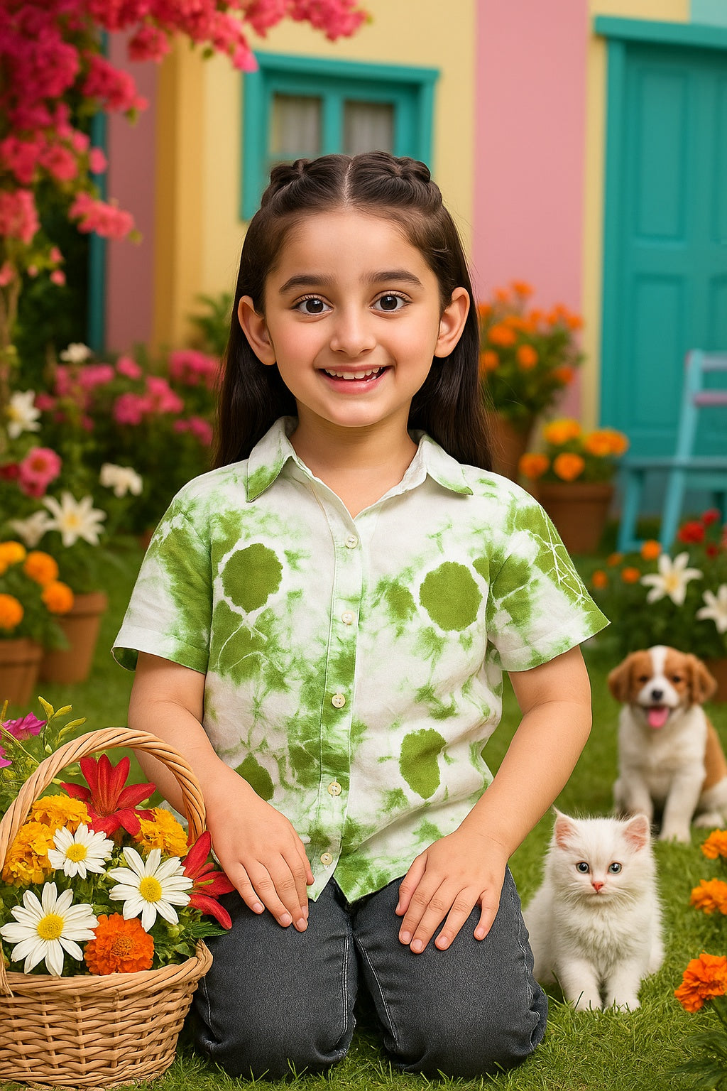 Hand Tie Dyed Half Sleeves Shirt for Girls (K1026)