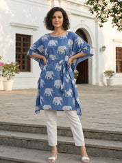 Jaipurhues Pure Cotton Blue Printed Kaftan Tunic With Hand Kantha Work (W1395)