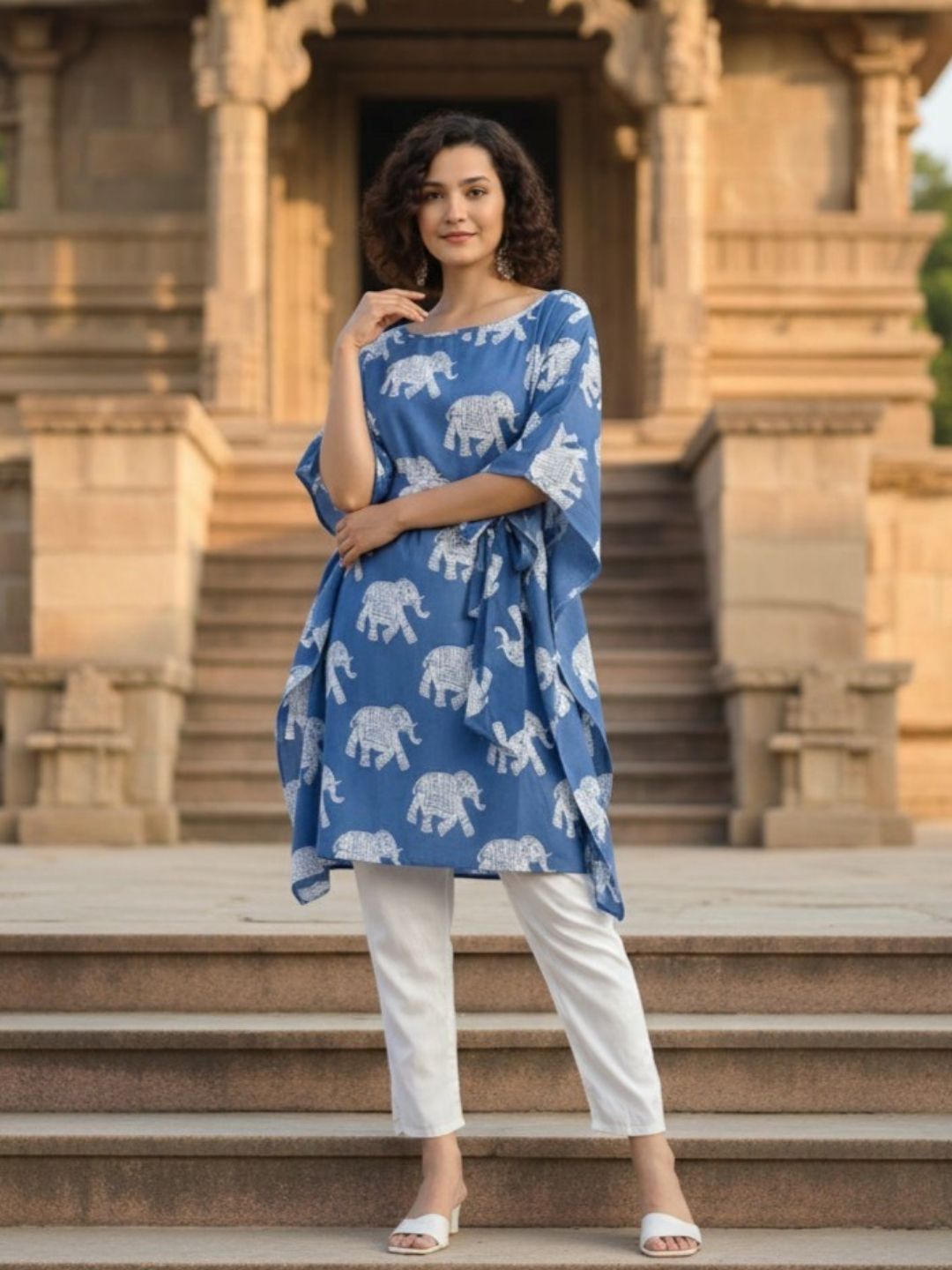 Jaipurhues Pure Cotton Blue Printed Kaftan Tunic With Hand Kantha Work (W1395)
