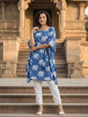 Jaipurhues Pure Cotton Blue Printed Kaftan Tunic With Hand Kantha Work (W1395)
