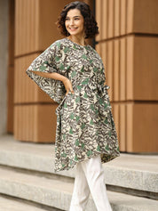 Pure Cotton Grey Printed Kaftan Tunic With Hand Kantha Work (W1396)