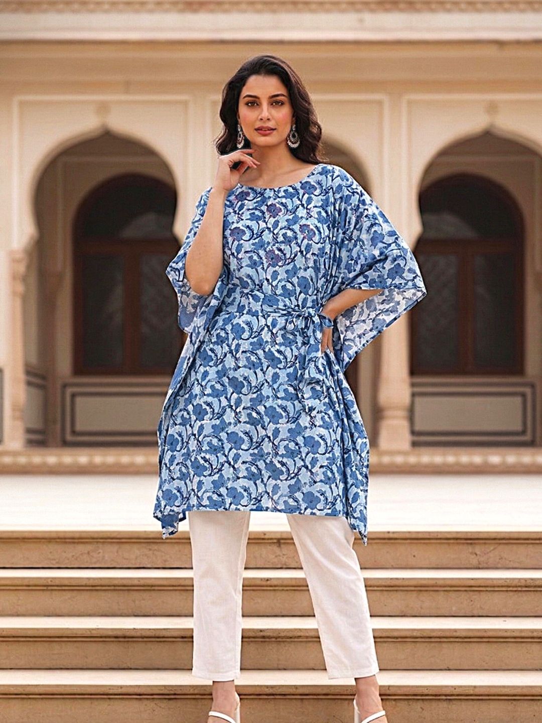 Pure Cotton Blue Printed Kaftan Tunic With Hand Kantha Work (W1397)