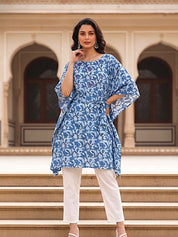 Pure Cotton Blue Printed Kaftan Tunic With Hand Kantha Work (W1397)