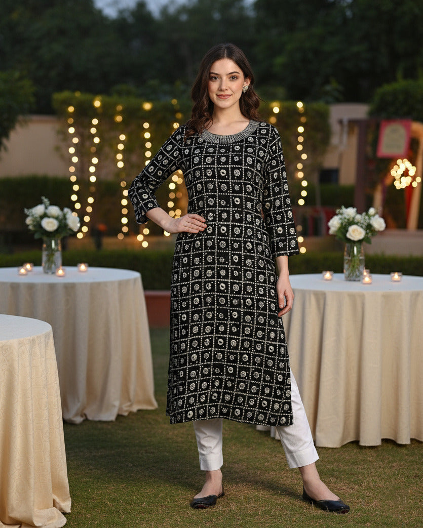 Women Embroidered Printed Rayon Straight Kurta (W1516)