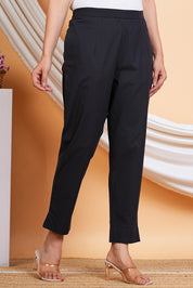 Women Black Cotton Solid Casual Pant (W1518)