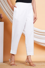 Women White Cotton Solid Casual Pant (W1519)