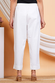 Women White Cotton Solid Casual Pant (W1519)