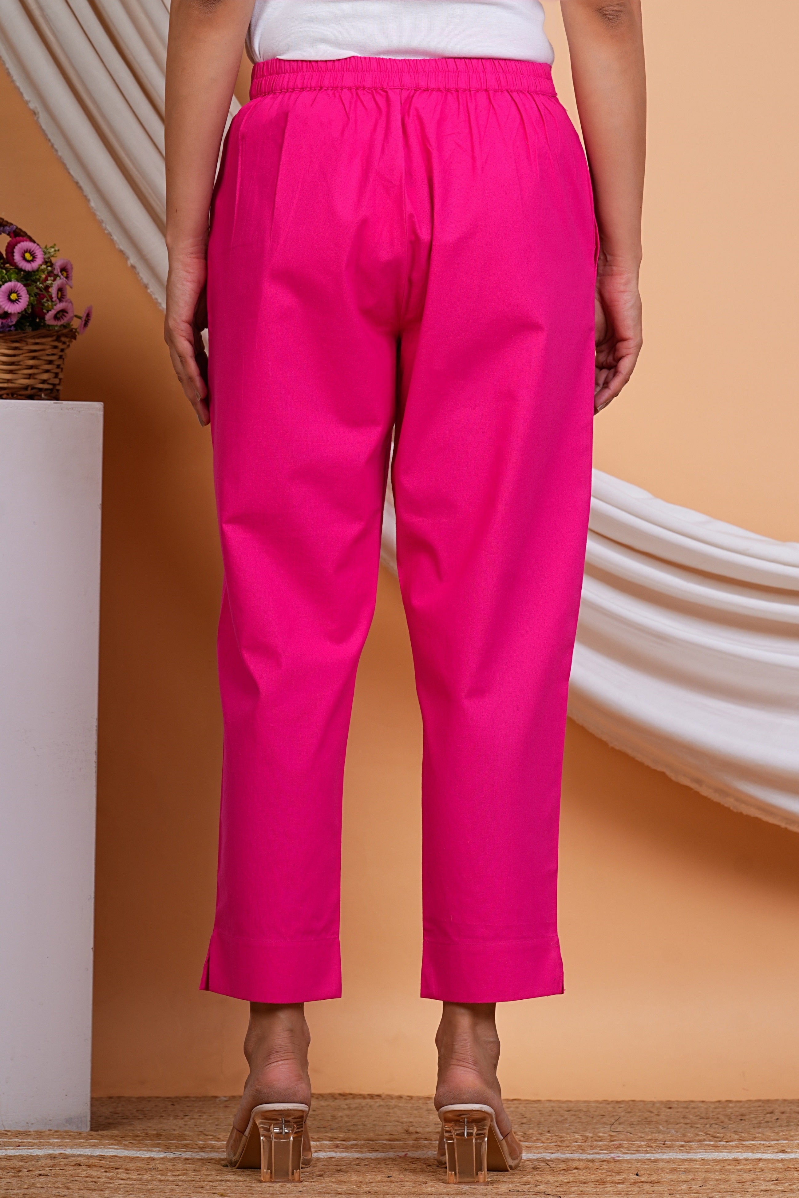 Women Pink Cotton Solid Casual Pant (W1520)