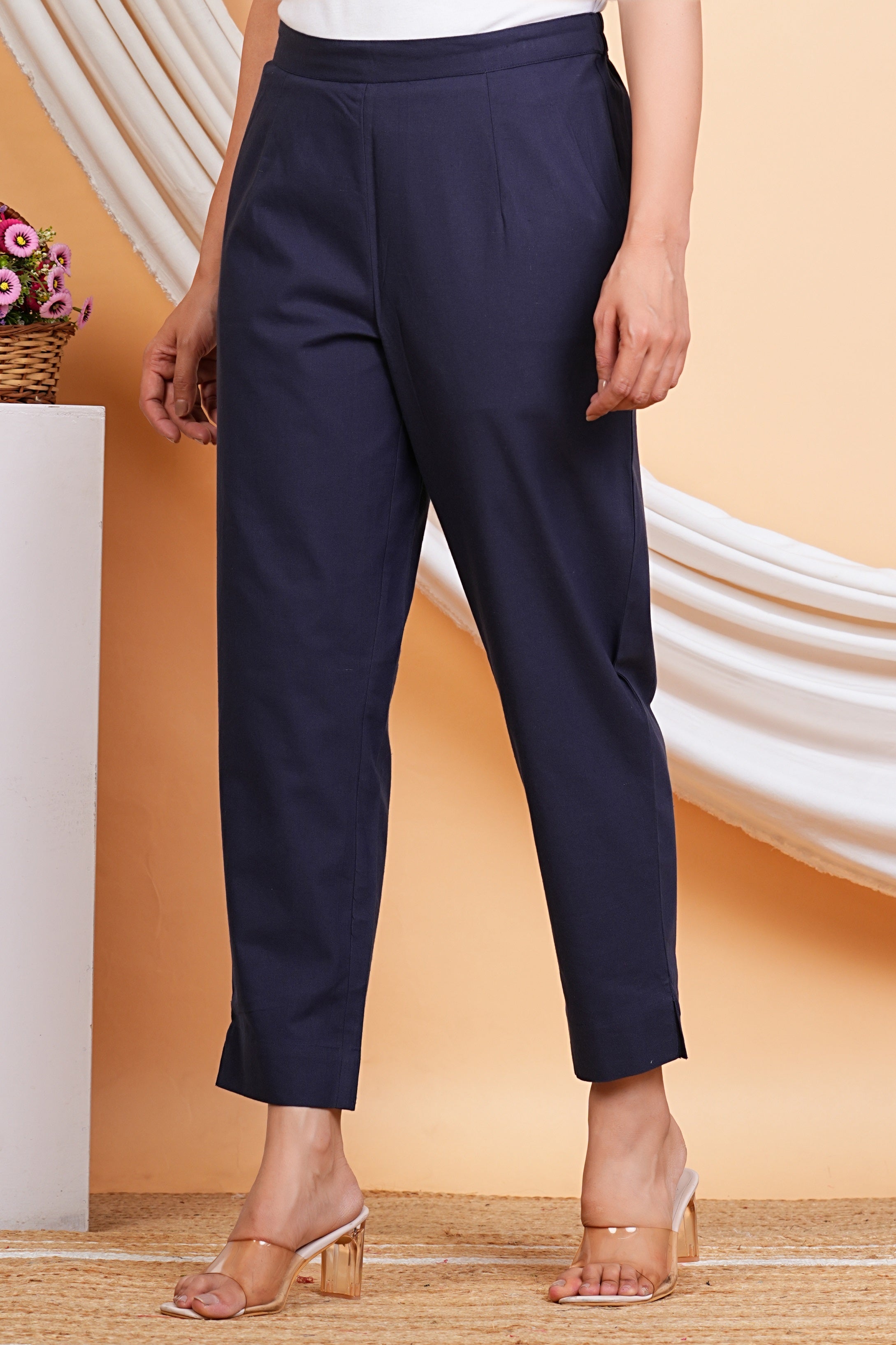 Women Blue Cotton Solid Casual Pant (W1521)