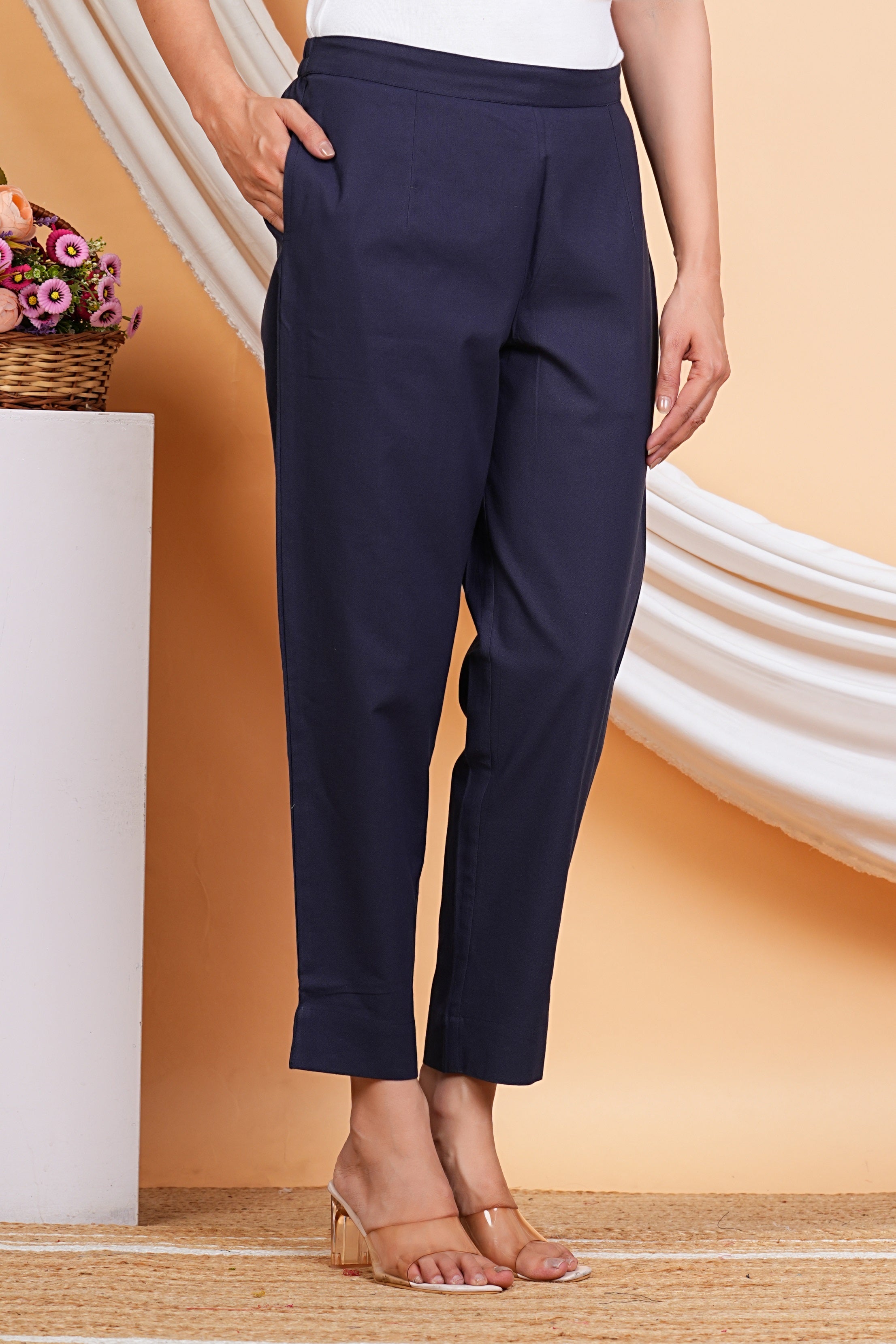 Women Blue Cotton Solid Casual Pant (W1521)
