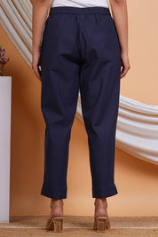 Women Blue Cotton Solid Casual Pant (W1521)