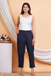Women Blue Cotton Solid Casual Pant (W1521)