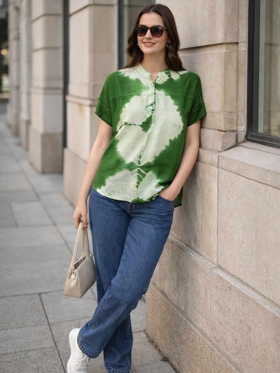 Vibrant Green Tie-Dye Everywhere Top In Soft Rayon (W1548)