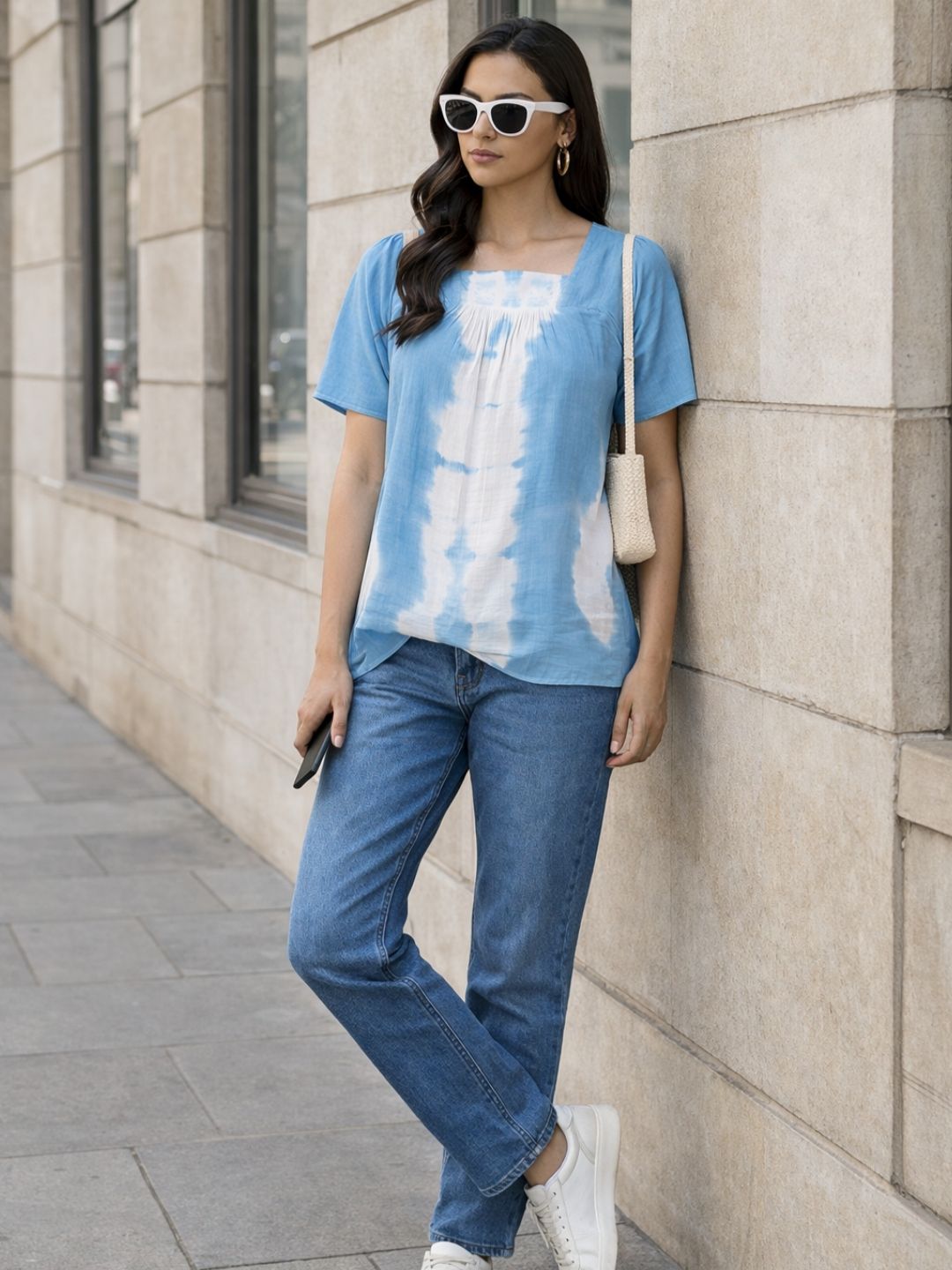 Vibrant Blue Tie-Dye Everywhere Top In Soft Rayon (W1562)