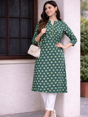 Women Handmade Floral Pure Cotton Straight Green Kurta (W1573)