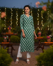 Women Handmade Floral Pure Cotton Straight Green Kurta (W1575)