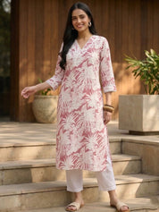 Women Handmade Floral Pure Cotton Straight Pink Kurta (W1576)