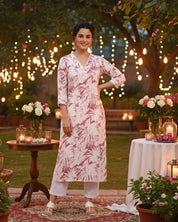 Women Handmade Floral Pure Cotton Straight Pink Kurta (W1576)