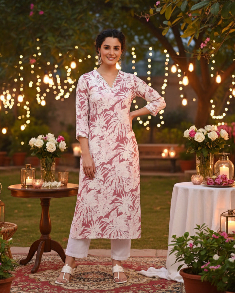Women Handmade Floral Pure Cotton Straight Pink Kurta (W1576)