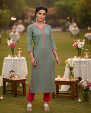 Women Handmade Floral Pure Cotton Straight Dark Green Kurta (W1577)