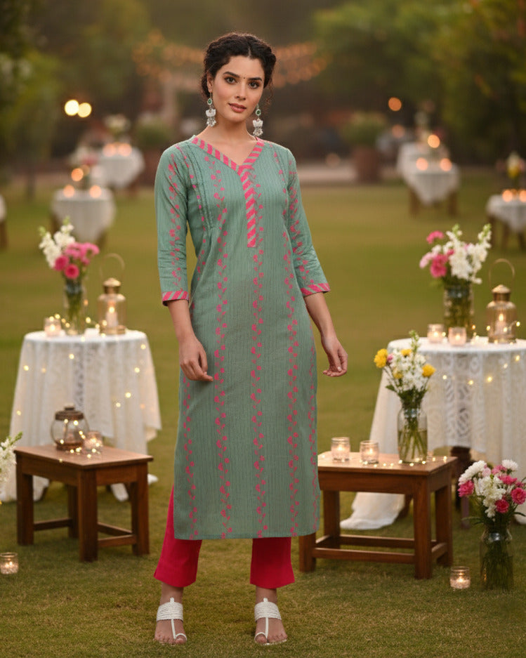 Women Handmade Floral Pure Cotton Straight Dark Green Kurta (W1577)