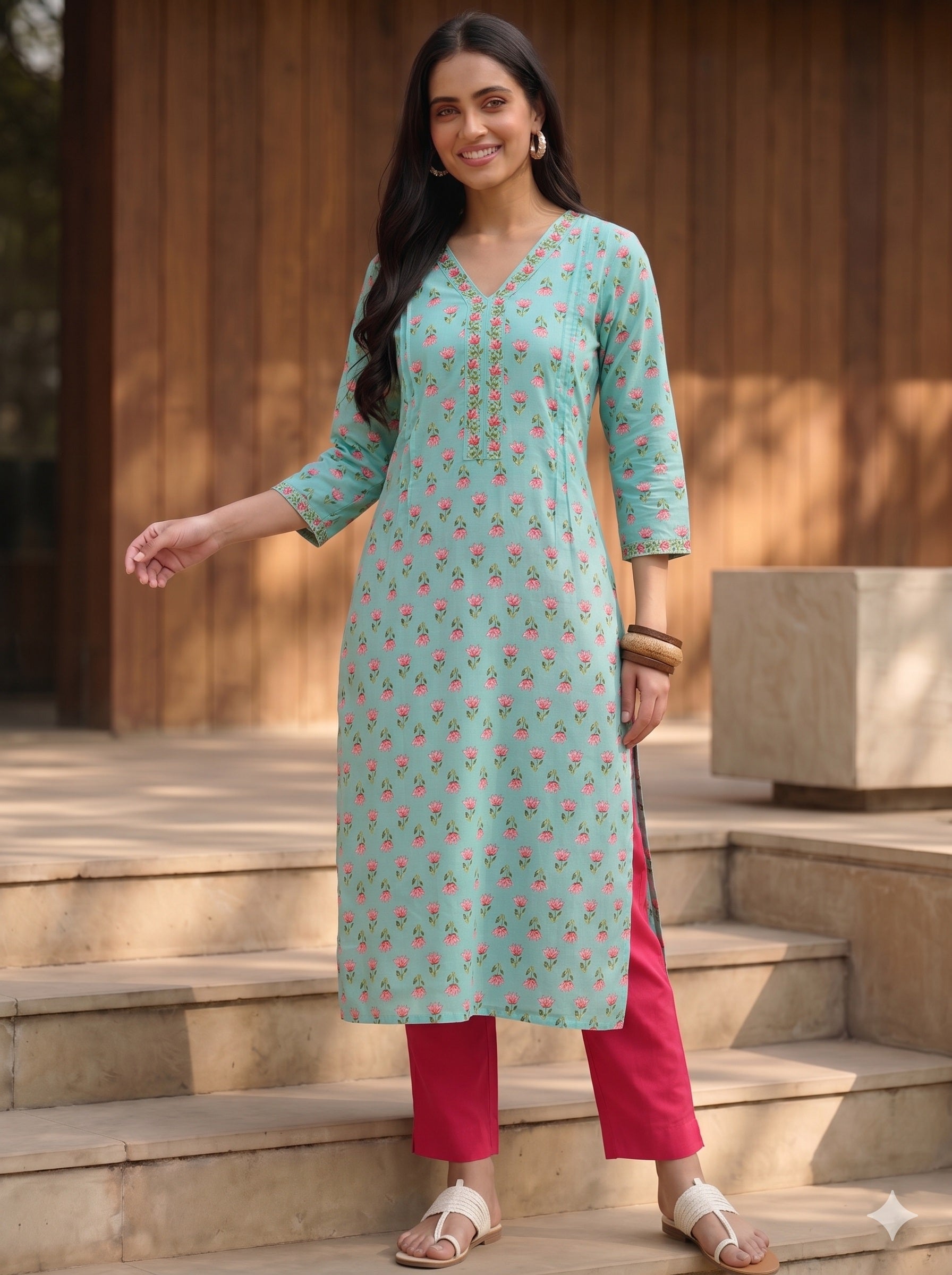 Women Handmade Floral Pure Cotton Straight Light Blue Kurta (W1578)