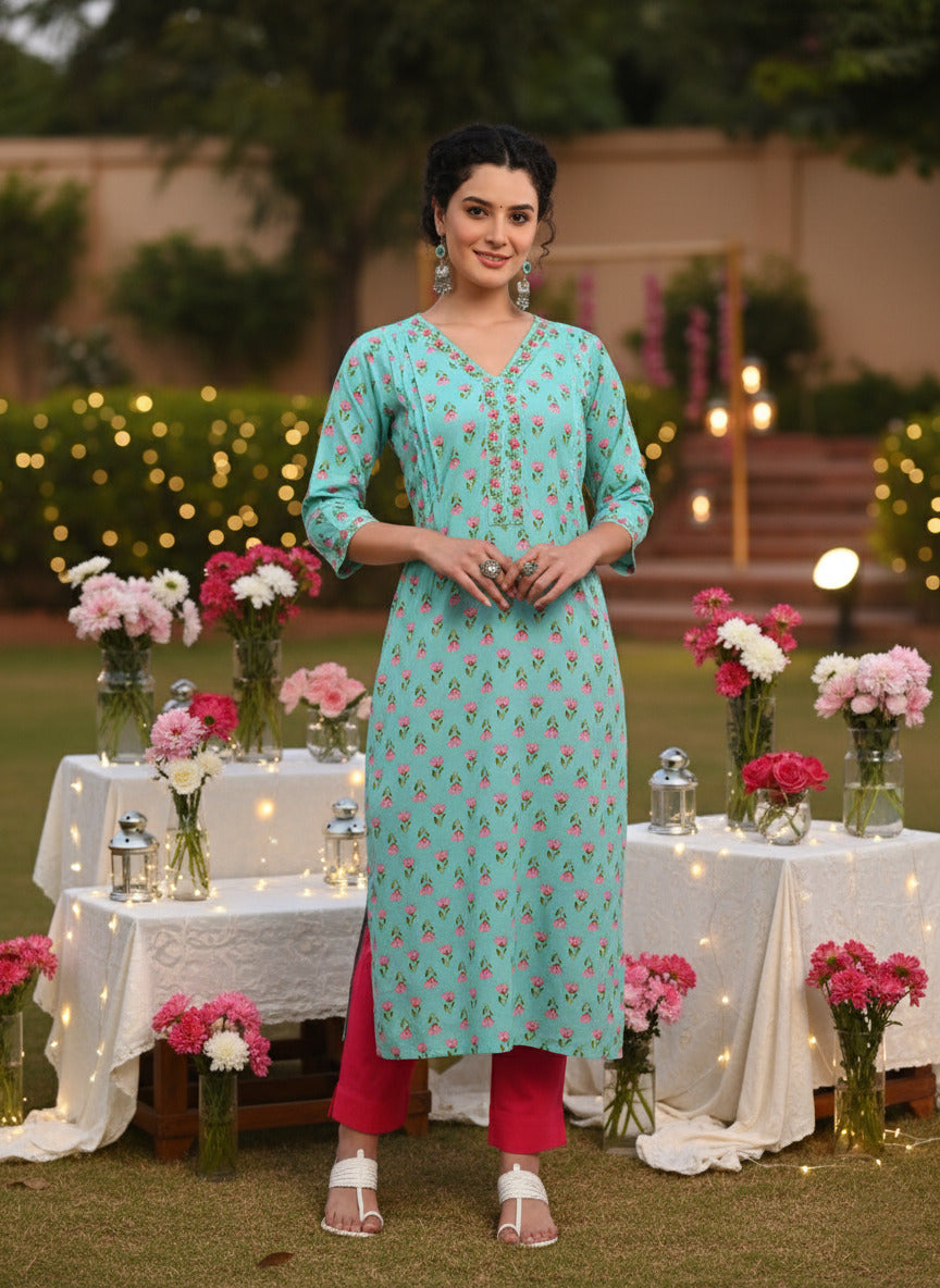 Women Handmade Floral Pure Cotton Straight Light Blue Kurta (W1578)