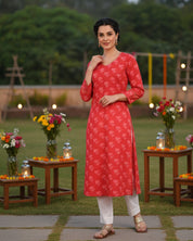 Women Handmade Floral Pure Cotton Straight Red Kurta (W1581)