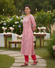 Women Handmade Floral Pure Cotton Straight Pink Kurta (W1582)