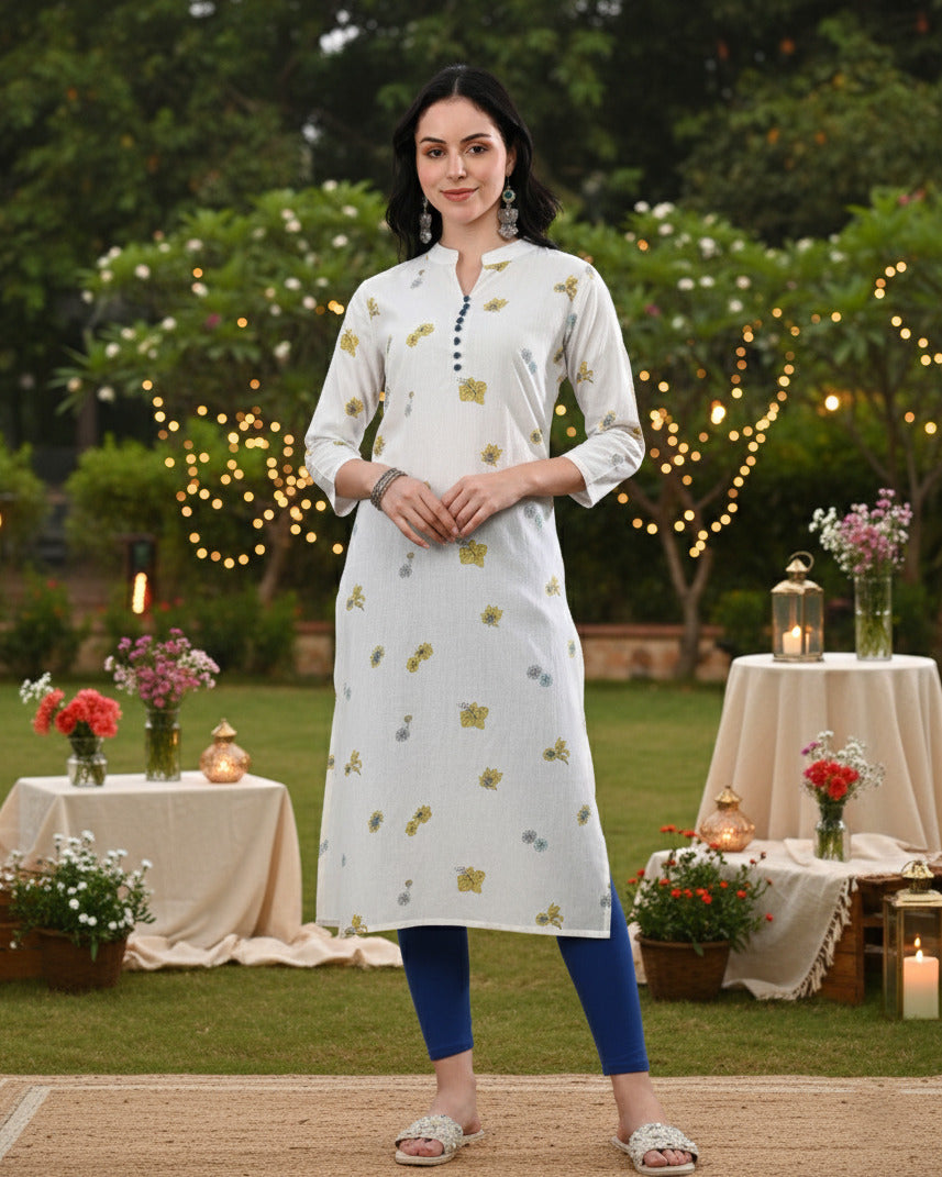 Women Handmade Floral Pure Cotton Straight White Kurta (W1583)