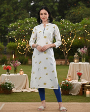 Women Handmade Floral Pure Cotton Straight White Kurta (W1583)