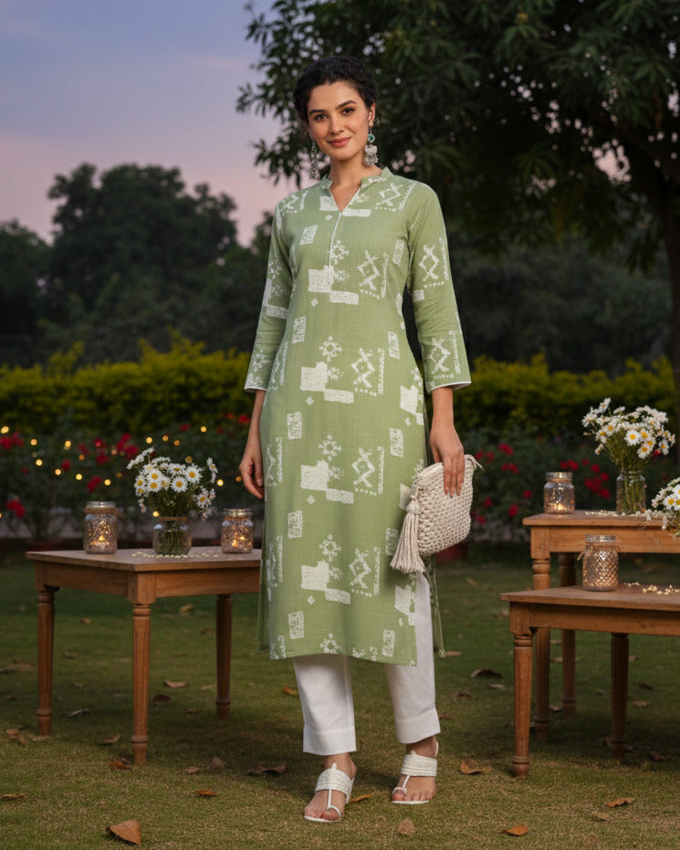 Women Handmade Geometric Pure Cotton Straight Green Kurta (W1585)