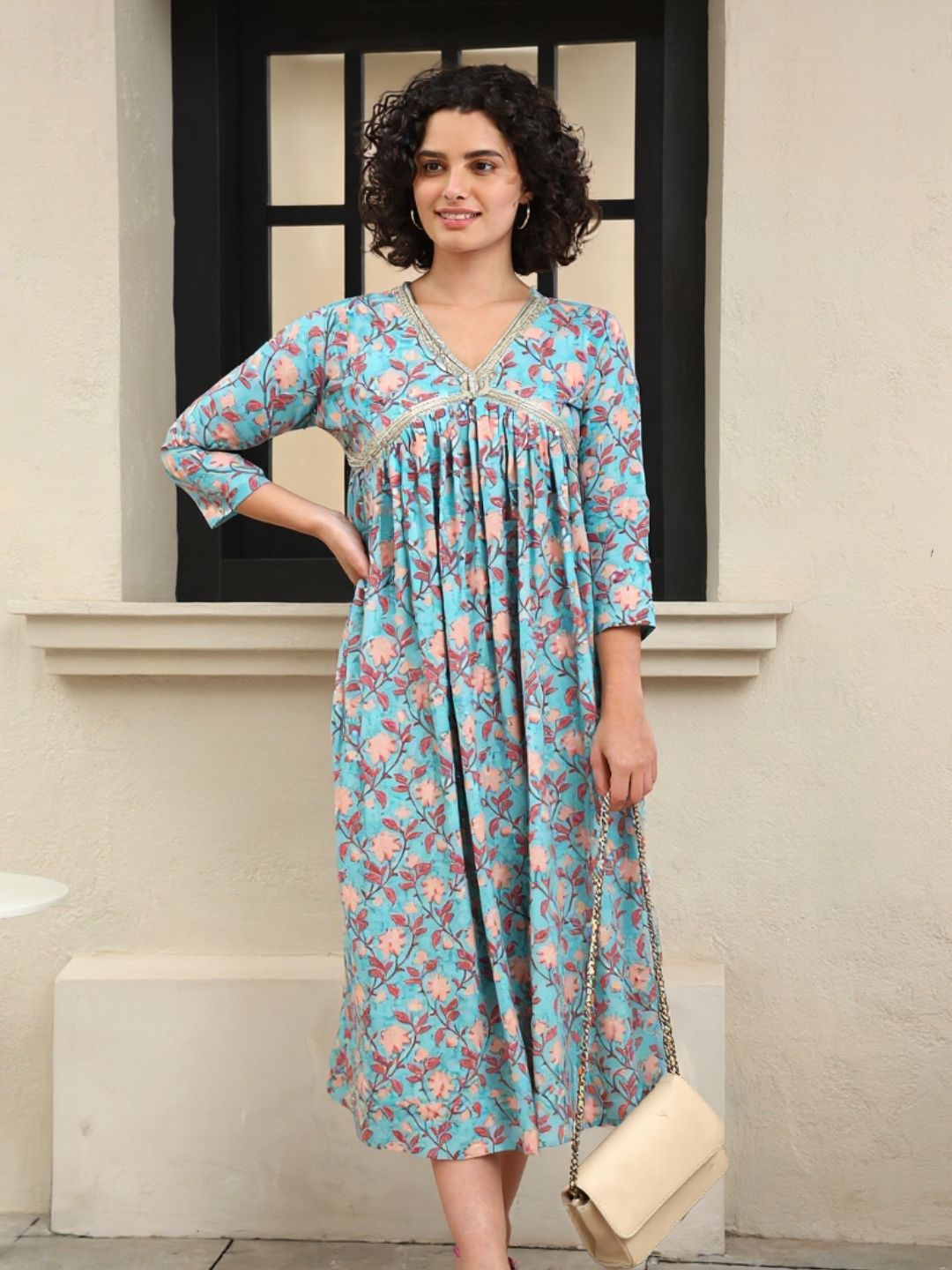 Women Handmade Floral Print Cotton Blend Flared Blue Dress (W1591)