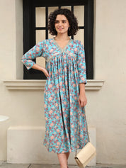 Women Handmade Floral Print Cotton Blend Flared Blue Dress (W1591)