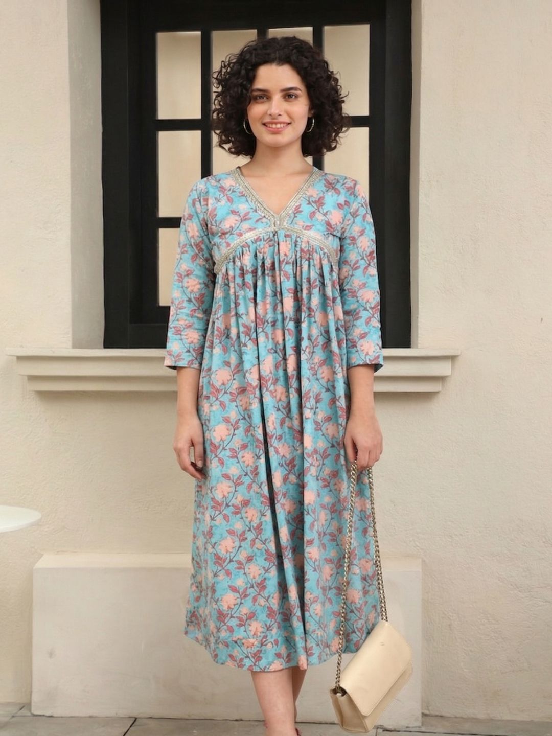 Women Handmade Floral Print Cotton Blend Flared Blue Dress (W1591)