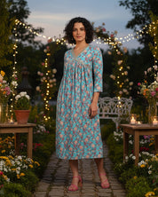 Women Handmade Floral Print Cotton Blend Flared Blue Dress (W1591)