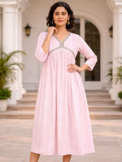 Women Handmade Striped Rayon Flared Light Pink Dress (W1592)