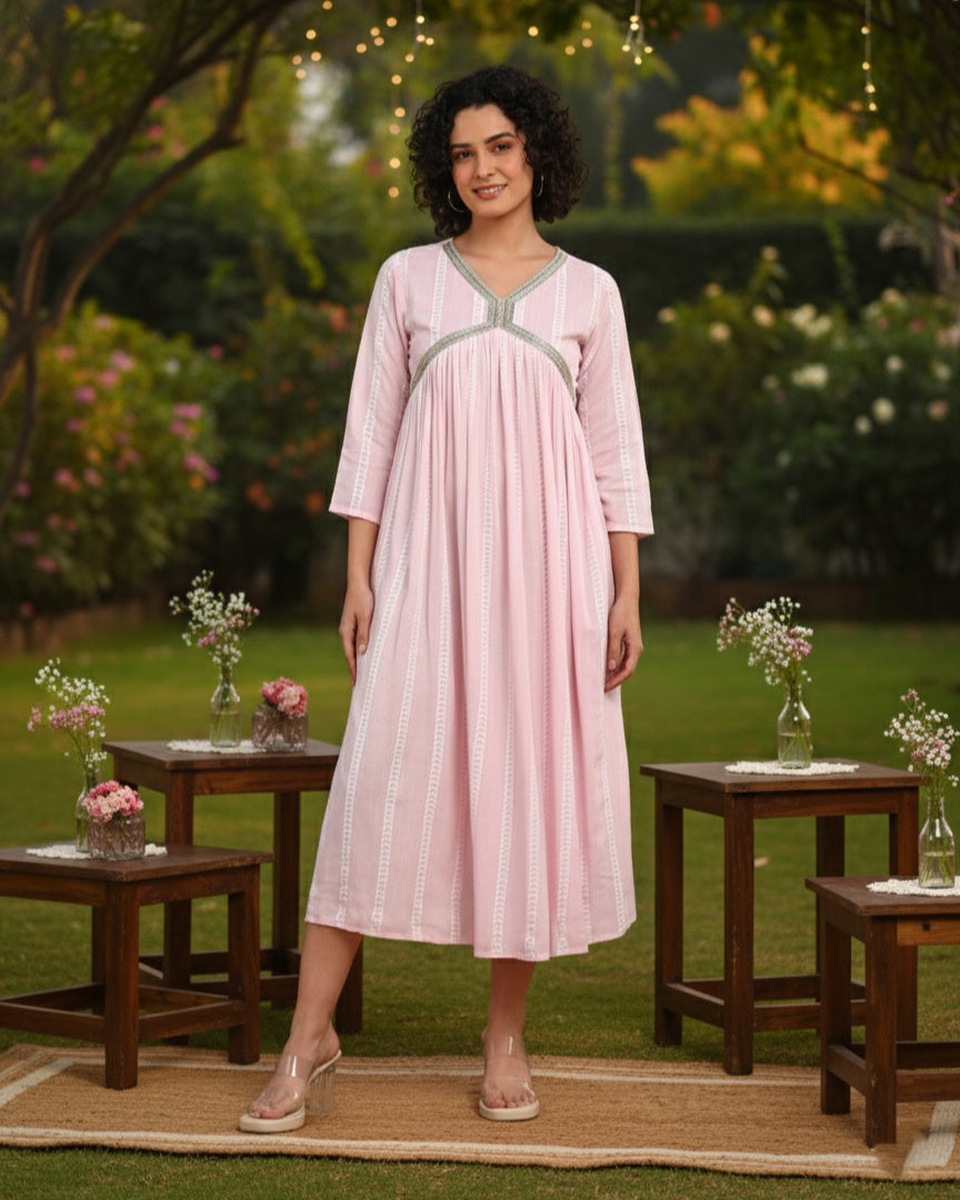Women Handmade Striped Rayon Flared Light Pink Dress (W1592)